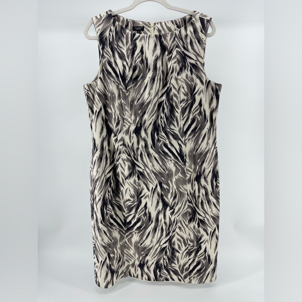 Talbots Grey White Feather Print Sleeveless Cotton Blend Dress, Women's 14